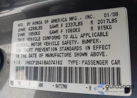 2008 Honda Accord 2.4 Lx-P из США, поврежденный, VIN 1HGCP26418A074162